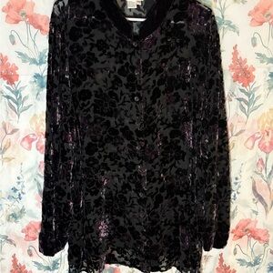 Vintage Black and Purple Sheer Graphic Buttoned Blouse with Notched Collar